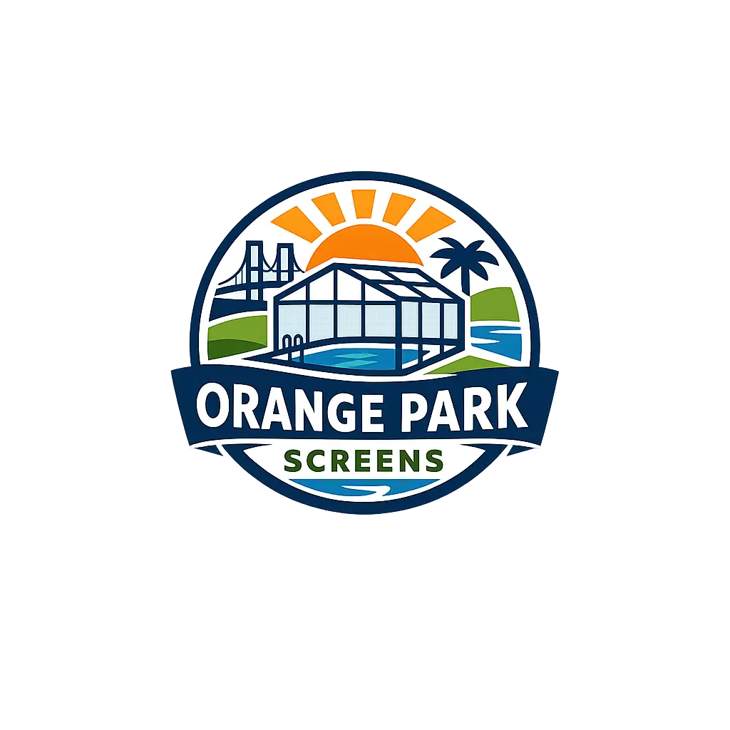 Orange Park Screens Logo featuring pool screen enclosure with sun and palm tree in Orange Park, FL